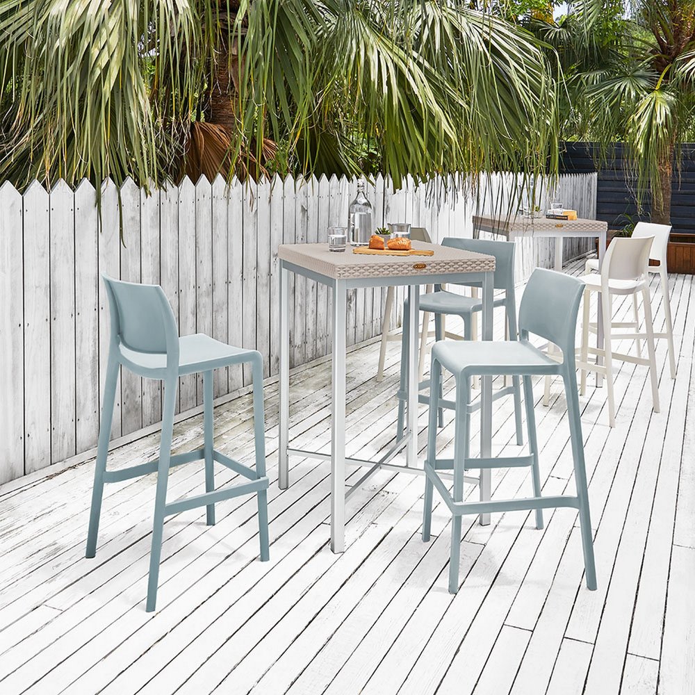 Set of Two 30" Baby Blue Heavy Duty Plastic Low Back Outdoor Bar Height Chairs