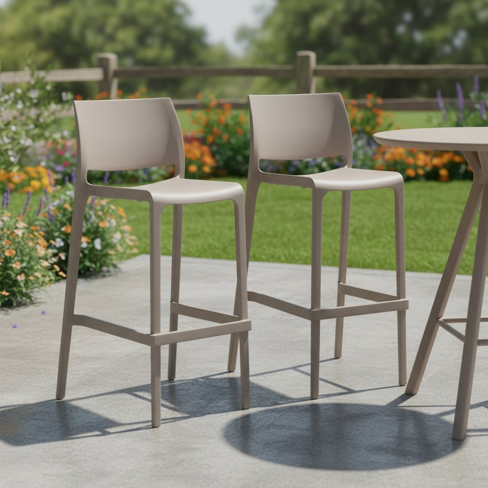Set of Two 30" Taupe Heavy Duty Plastic Low Back Outdoor Bar Height Chairs