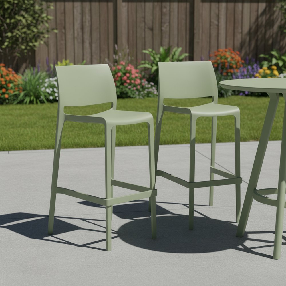 Set of Two 30" Green Heavy Duty Plastic Low Back Outdoor Bar Height Chairs