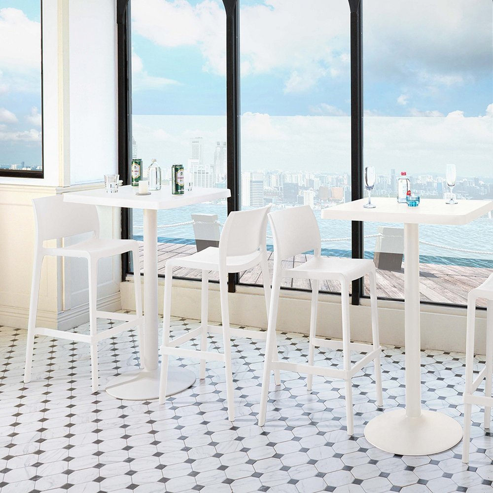 Set of Two 30" White Heavy Duty Plastic Low Back Outdoor Bar Height Chairs