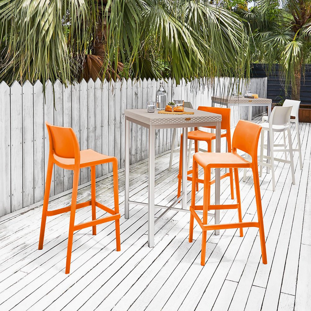 Set of Two 30" Orange Heavy Duty Plastic Low Back Outdoor Bar Height Chairs