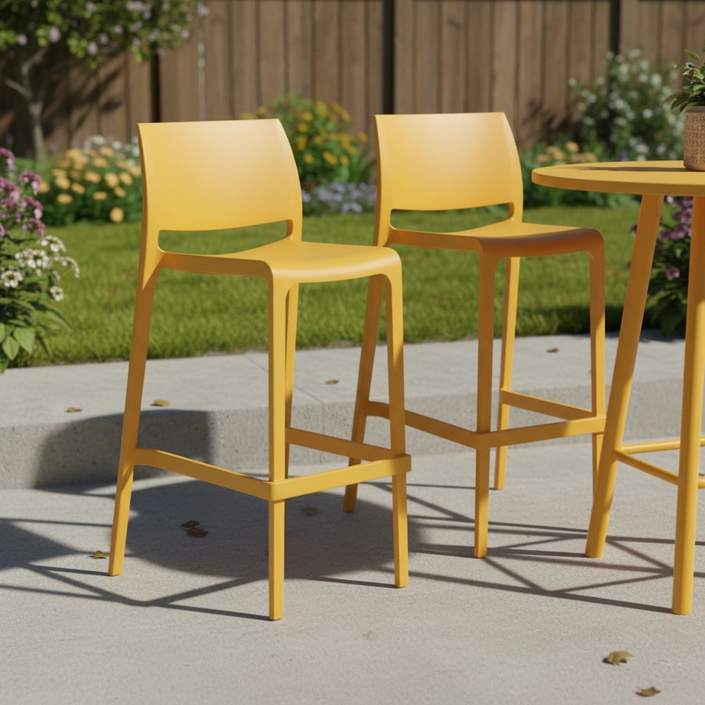 Set of Two 30" Yellow Heavy Duty Plastic Low Back Outdoor Bar Height Chairs