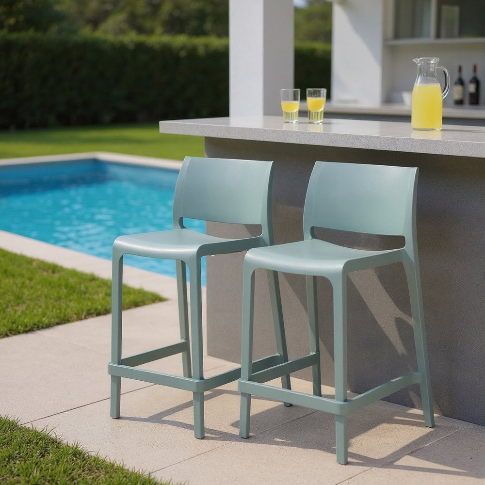 Set of Two 26" Baby Blue Heavy Duty Plastic Low Back Outdoor Counter Height Bar Chairs