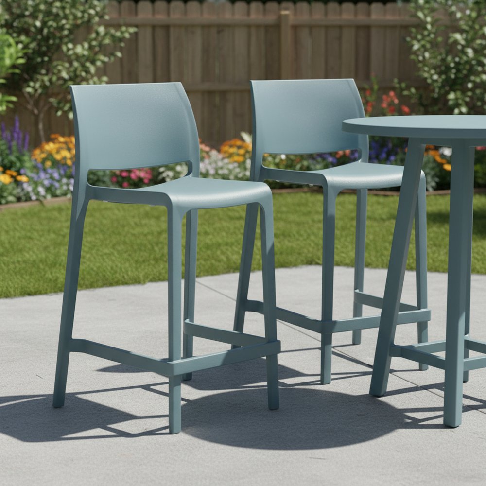 Set of Two 26" Baby Blue Heavy Duty Plastic Low Back Outdoor Counter Height Bar Chairs