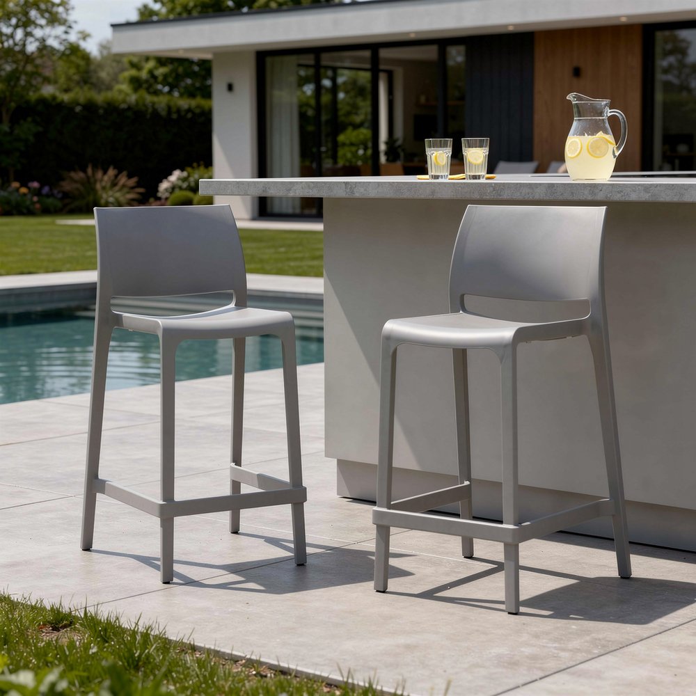Set of Two 26" Gray Heavy Duty Plastic Low Back Outdoor Counter Height Bar Chairs