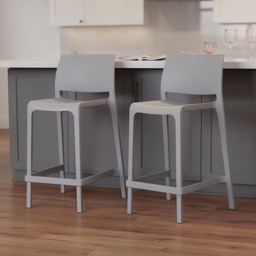 Set of Two 26" Gray Heavy Duty Plastic Low Back Outdoor Counter Height Bar Chairs