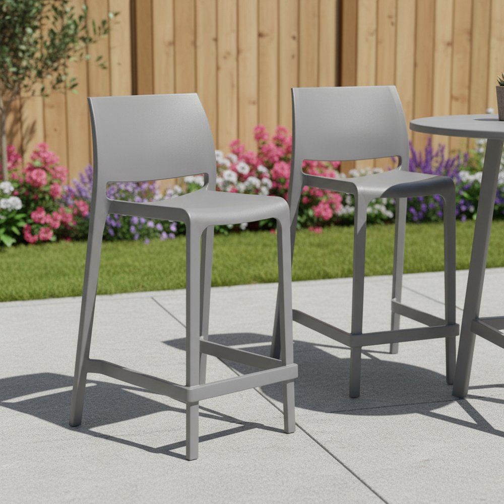 Set of Two 26" Gray Heavy Duty Plastic Low Back Outdoor Counter Height Bar Chairs