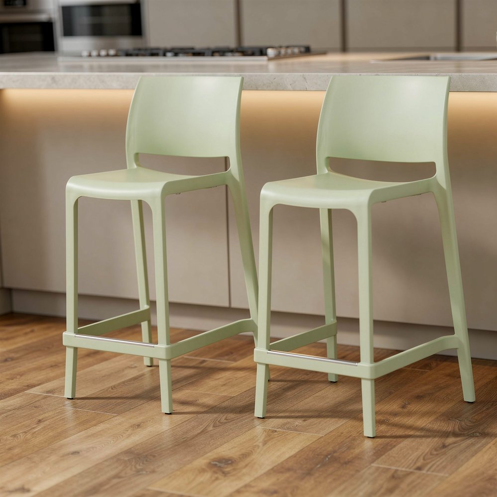 Set of Two 26" Green Heavy Duty Plastic Low Back Outdoor Counter Height Bar Chairs
