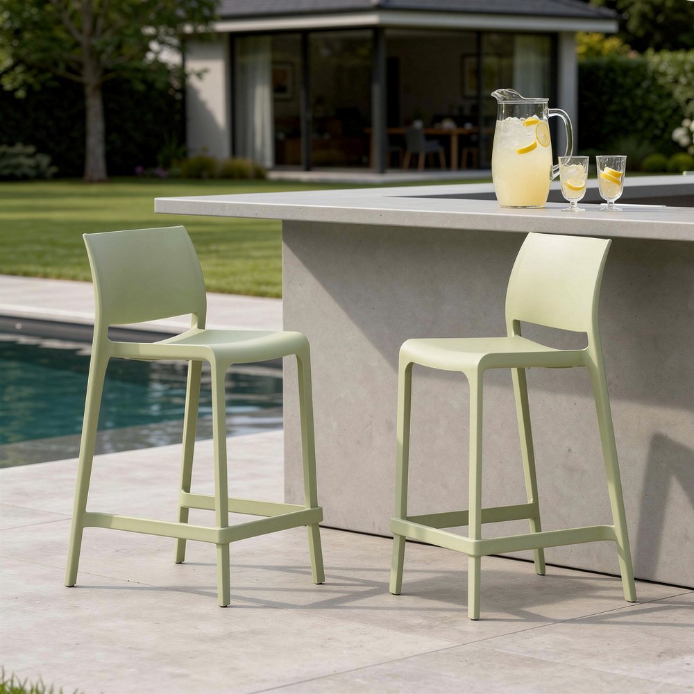 Set of Two 26" Green Heavy Duty Plastic Low Back Outdoor Counter Height Bar Chairs