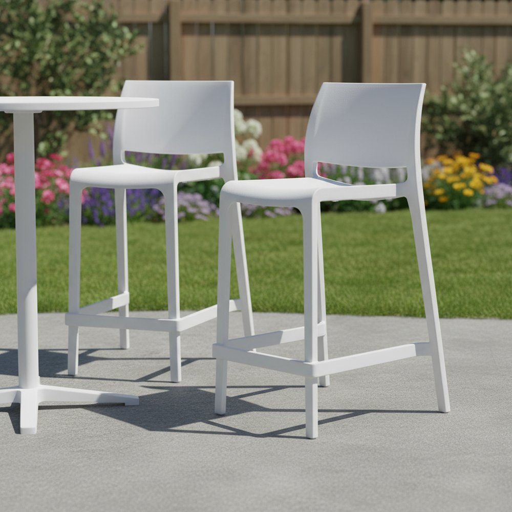 Set of Two 26" White Heavy Duty Plastic Low Back Outdoor Counter Height Bar Chairs