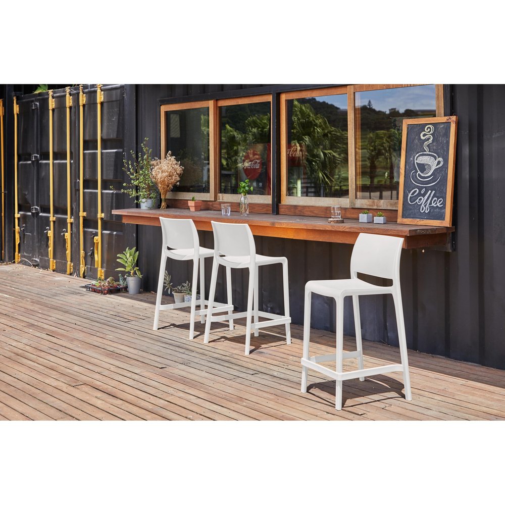 Set of Two 26" White Heavy Duty Plastic Low Back Outdoor Counter Height Bar Chairs