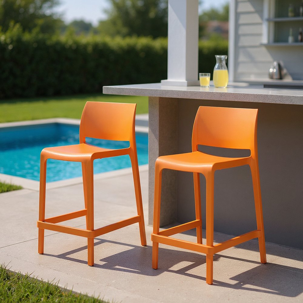 Set of Two 26" Orange Heavy Duty Plastic Low Back Outdoor Counter Height Bar Chairs