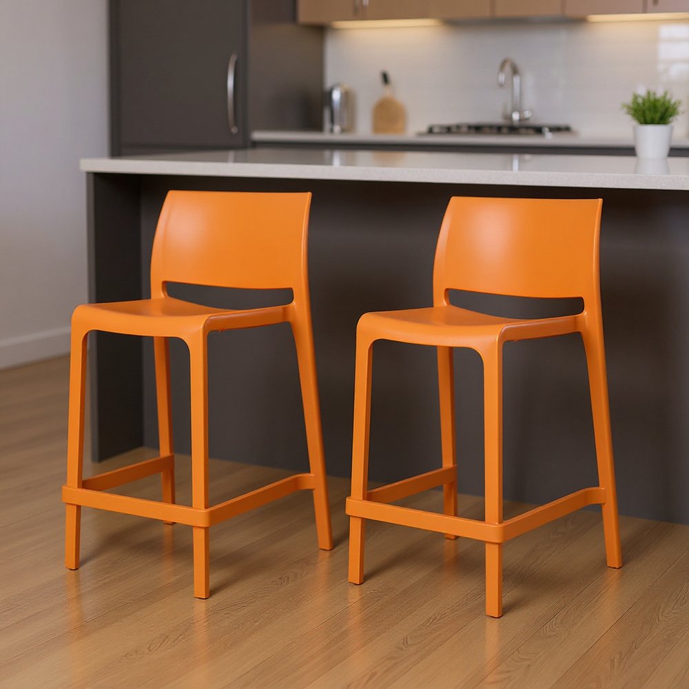 Set of Two 26" Orange Heavy Duty Plastic Low Back Outdoor Counter Height Bar Chairs