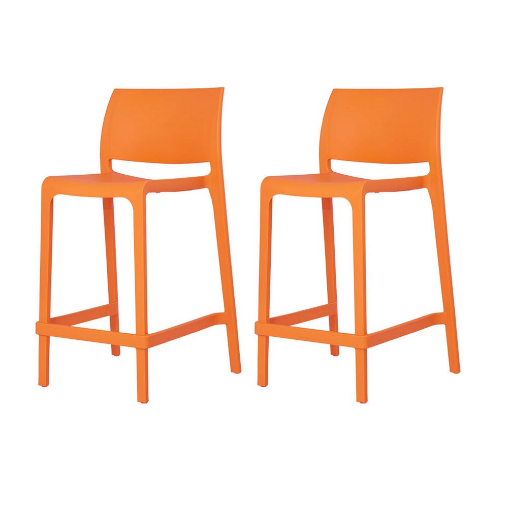 Set of Two 26" Orange Heavy Duty Plastic Low Back Outdoor Counter Height Bar Chairs