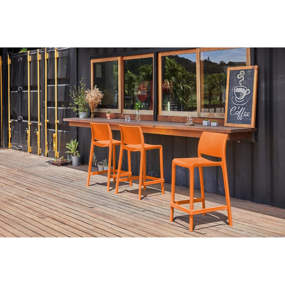 Set of Two 26" Orange Heavy Duty Plastic Low Back Outdoor Counter Height Bar Chairs
