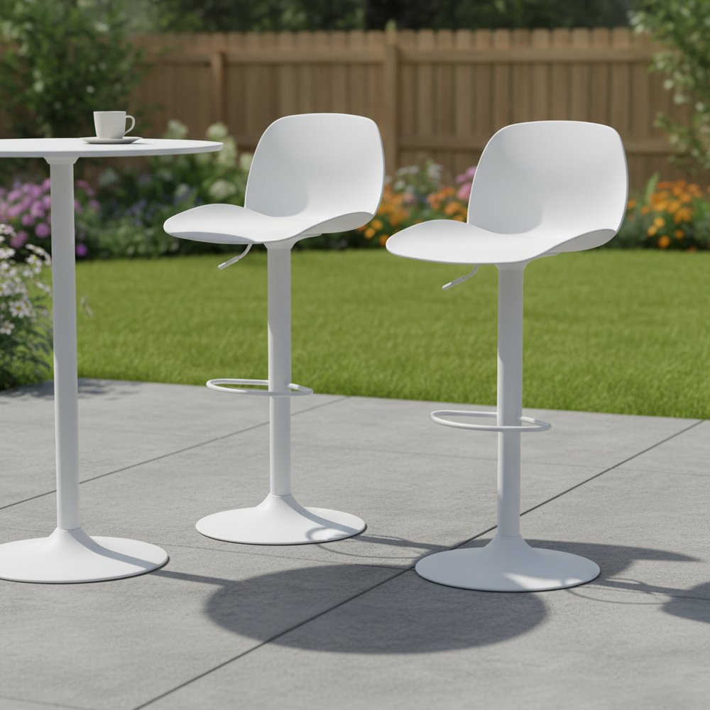 Set of Two White Heavy Duty Plastic and Metal Low Back Adjustable Height Swivel Bar Chairs