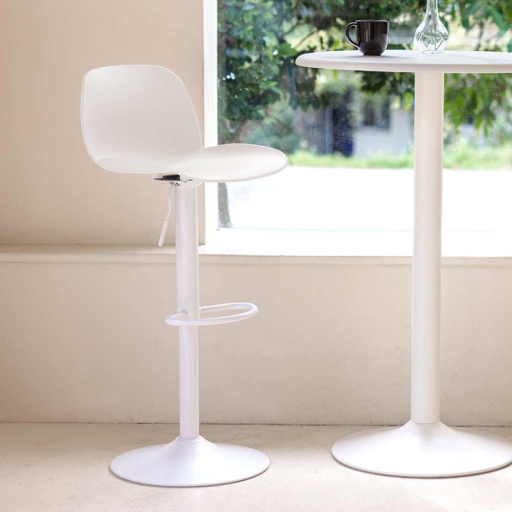 Set of Two White Heavy Duty Plastic and Metal Low Back Adjustable Height Swivel Bar Chairs