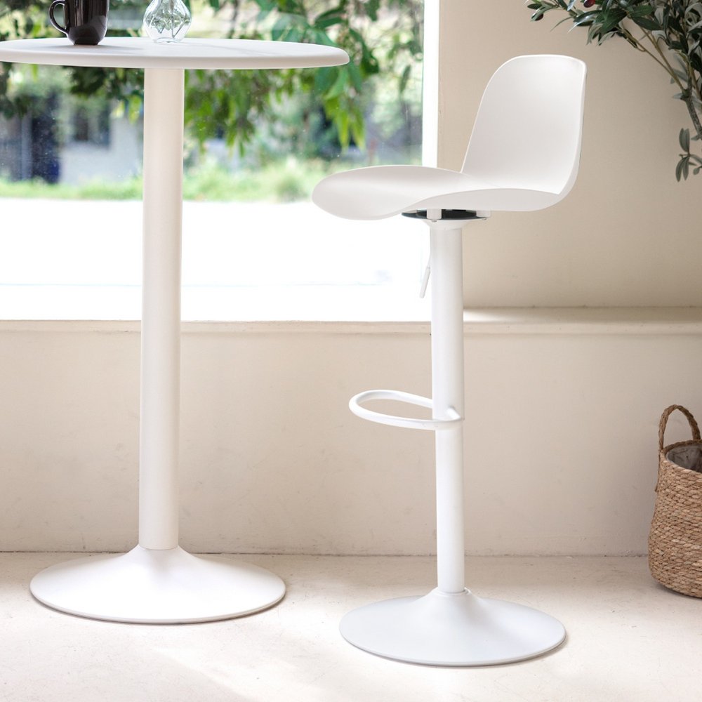 Set of Two White Heavy Duty Plastic and Metal Low Back Adjustable Height Swivel Bar Chairs