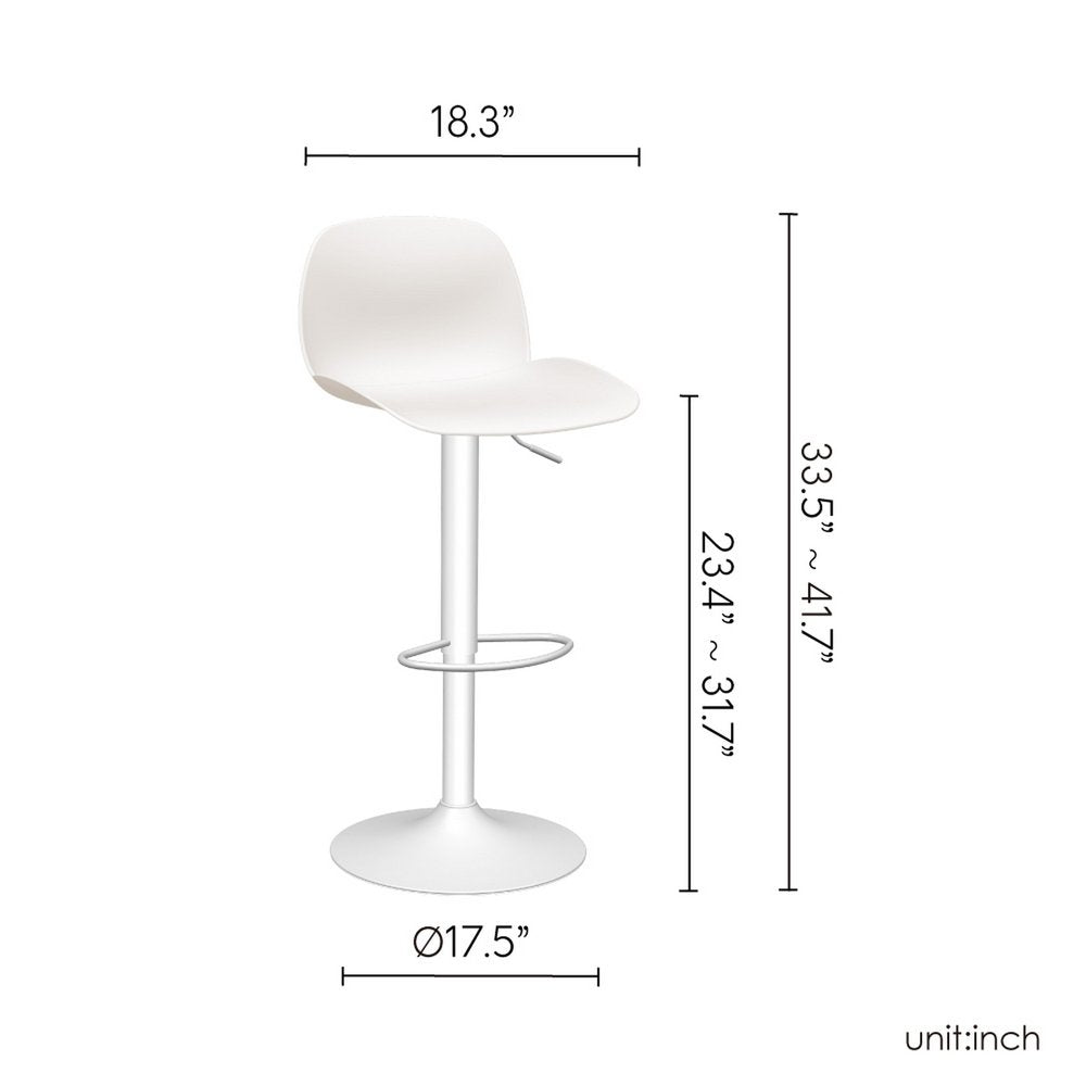 Set of Two White Heavy Duty Plastic and Metal Low Back Adjustable Height Swivel Bar Chairs