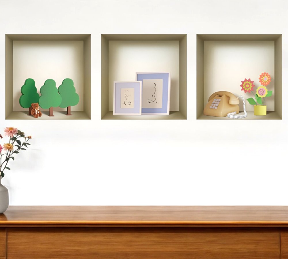 Set of Three Ash Faux Niche 3D Peel and Stick Wall Decals