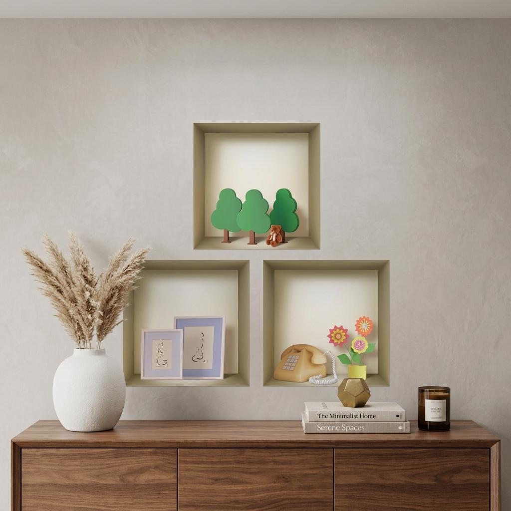 Set of Three Ash Faux Niche 3D Square Peel and Stick Wall Decals