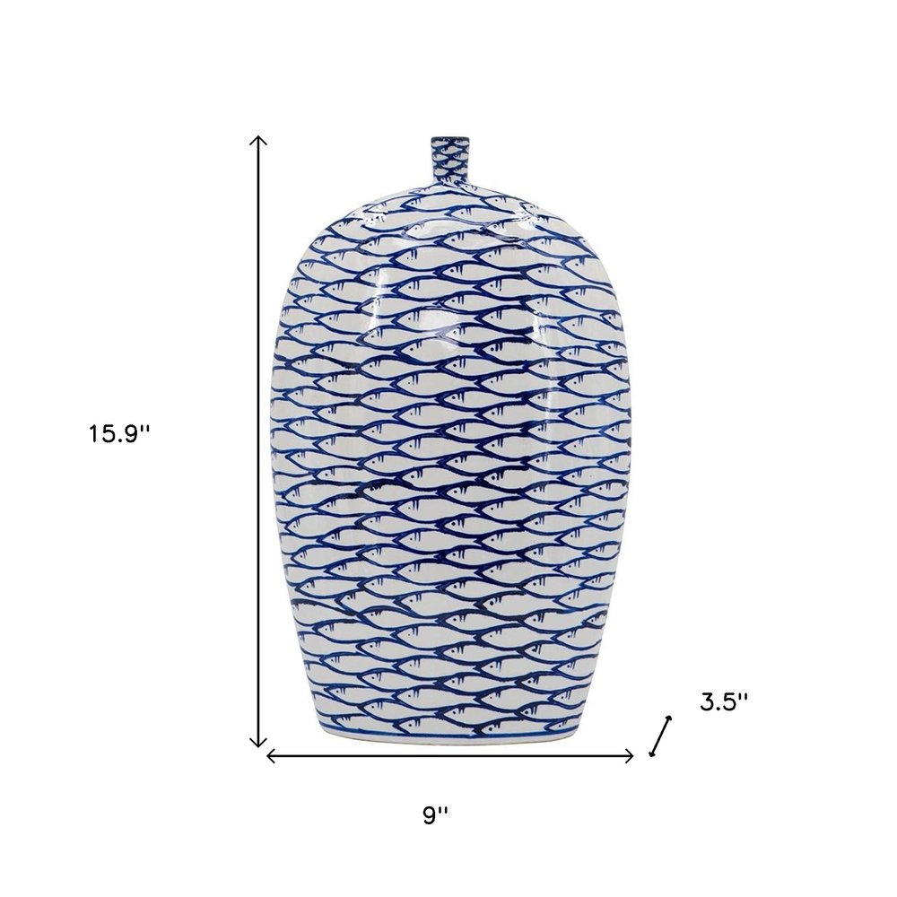16" Blue And White Fish Print Oval Ceramic Table Vase