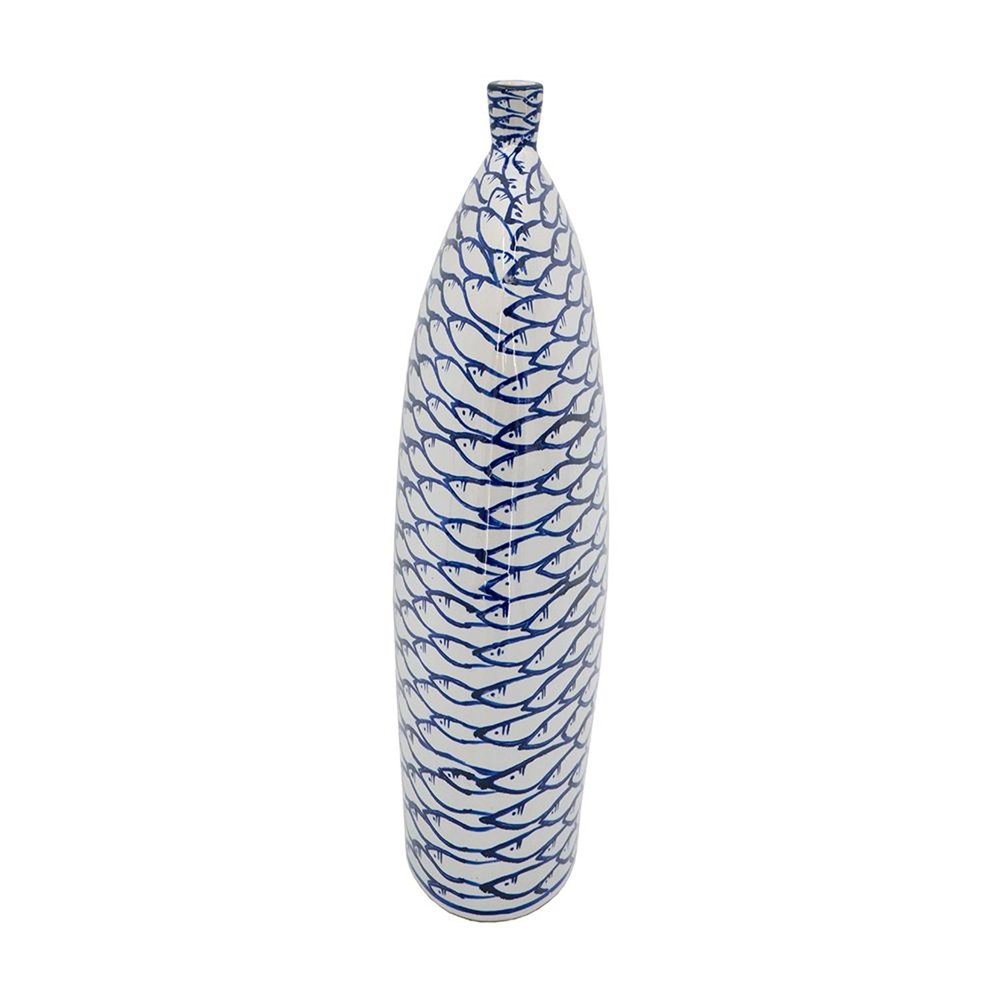 16" Blue And White Fish Print Oval Ceramic Table Vase