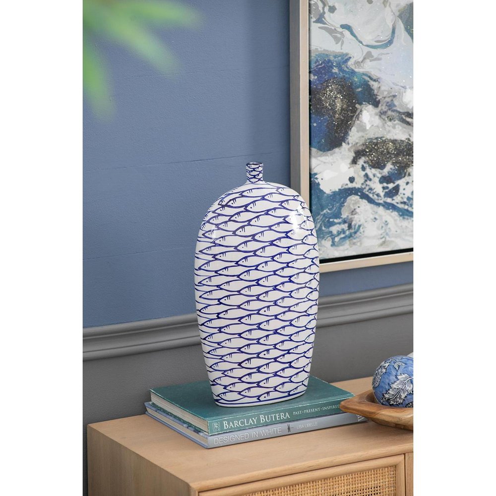 16" Blue And White Fish Print Oval Ceramic Table Vase