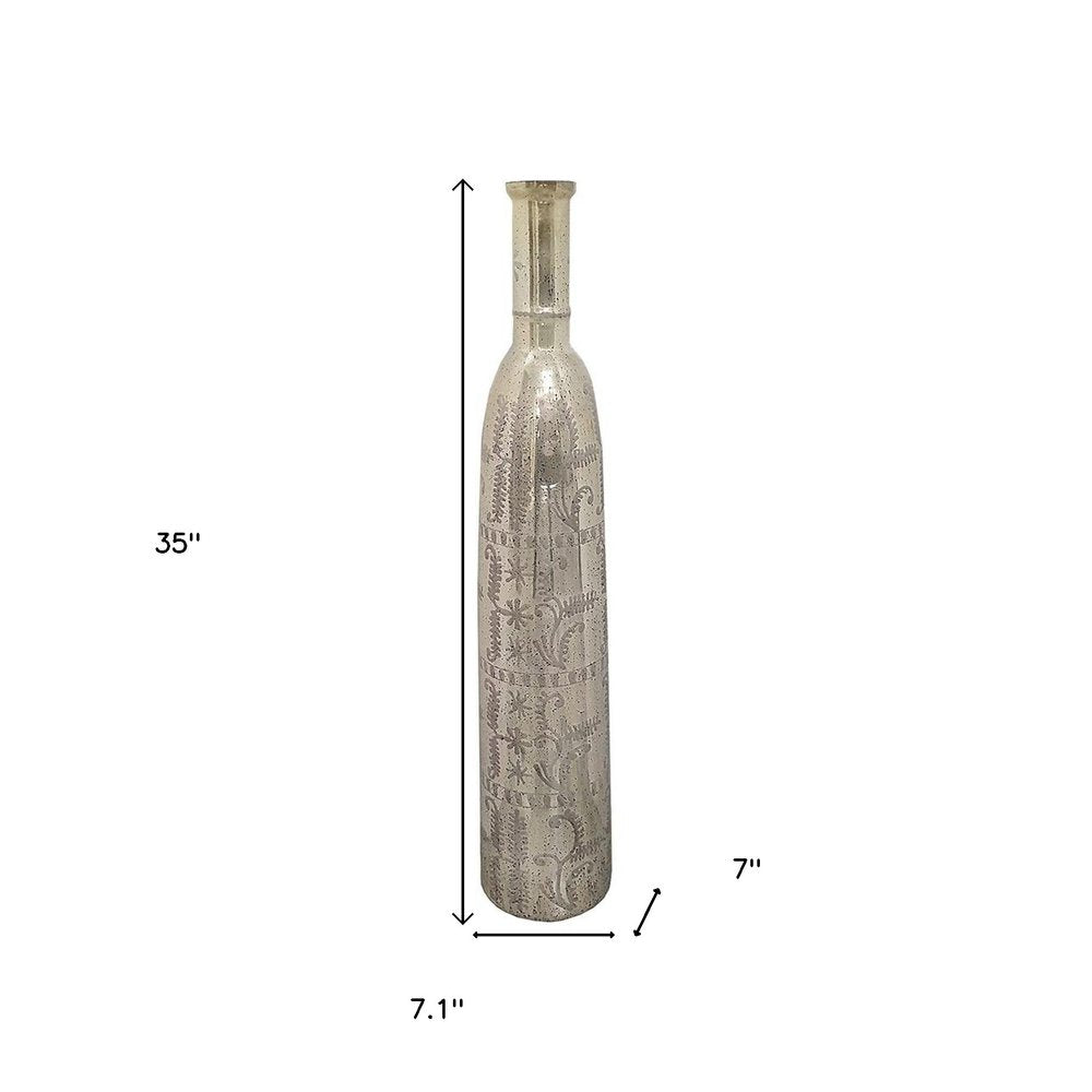 35" Silver Floral Glass Cylinder Floor Vase