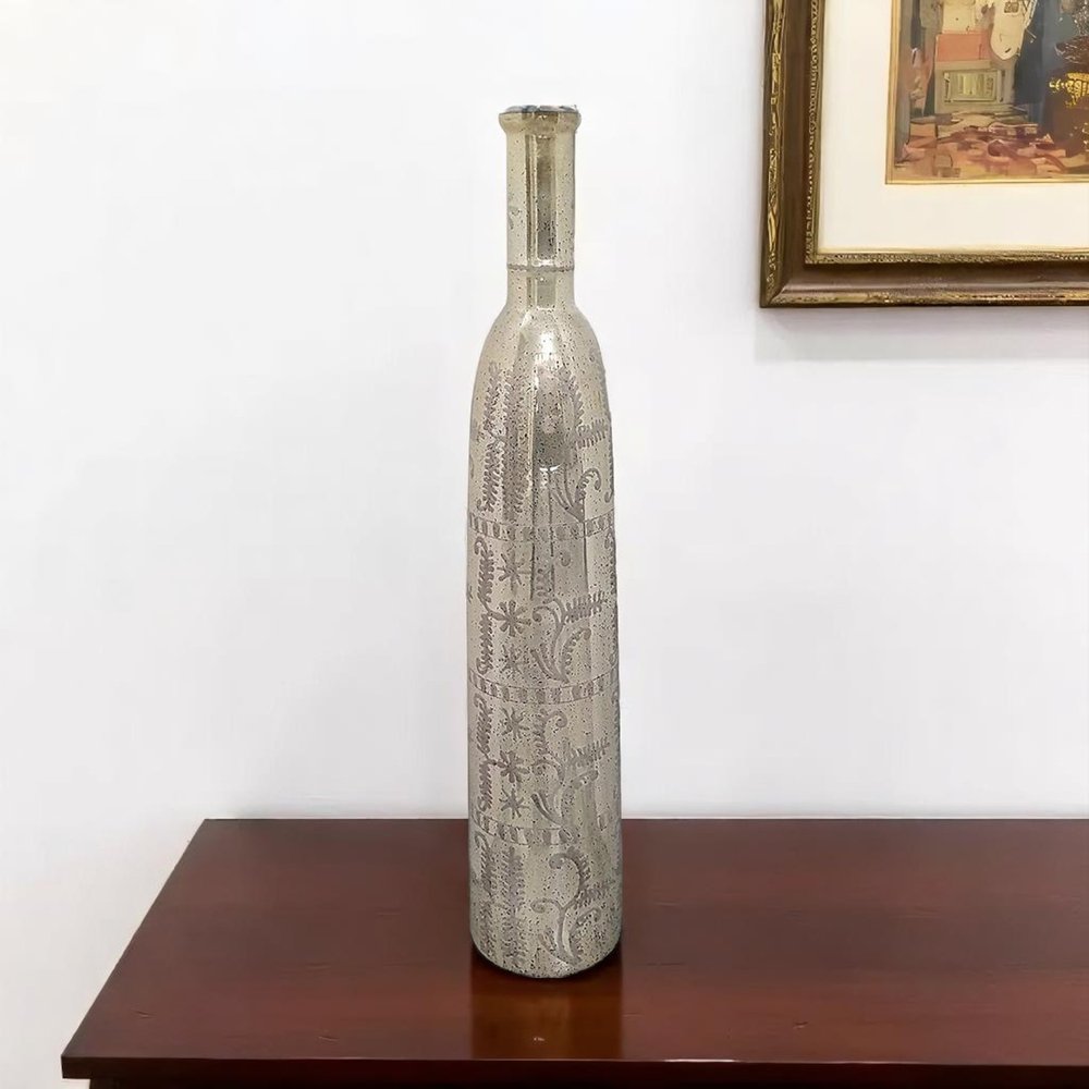 35" Silver Floral Glass Cylinder Floor Vase