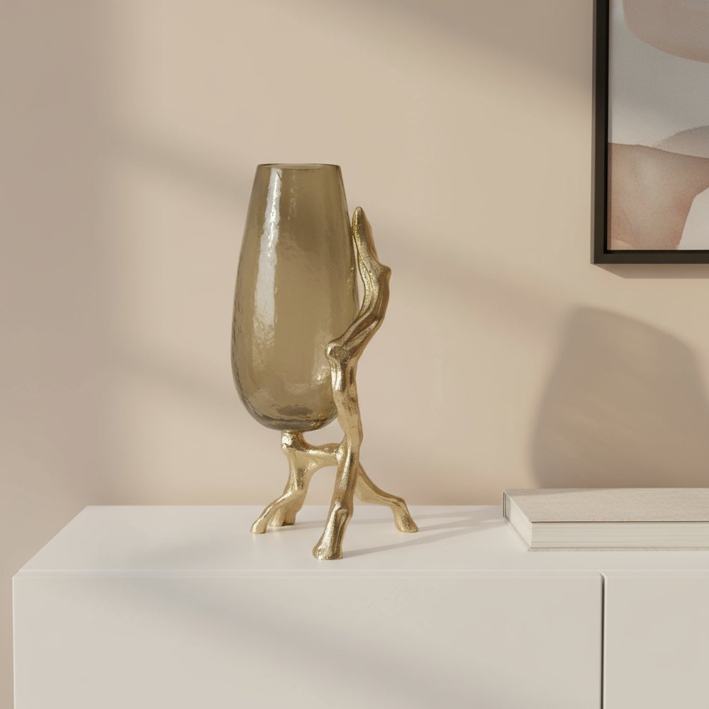 18" Champagne Glass And Metal Table Vase