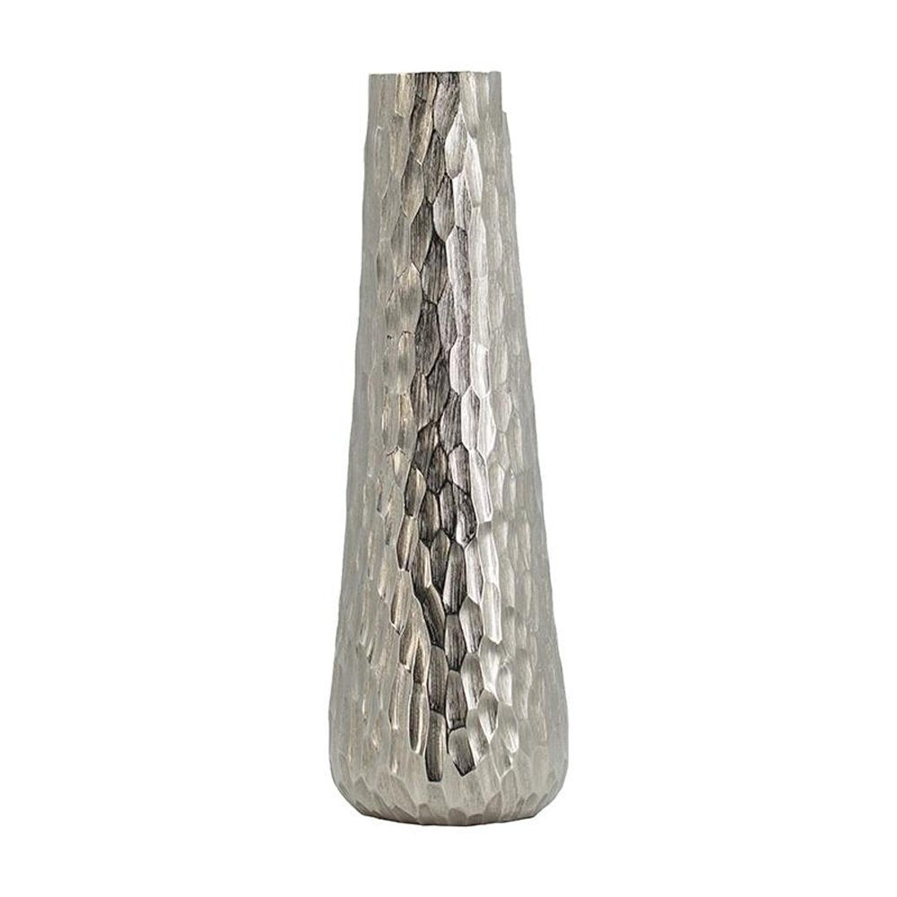 19" Silver Cast Aluminum Carved Geometric Table Vase