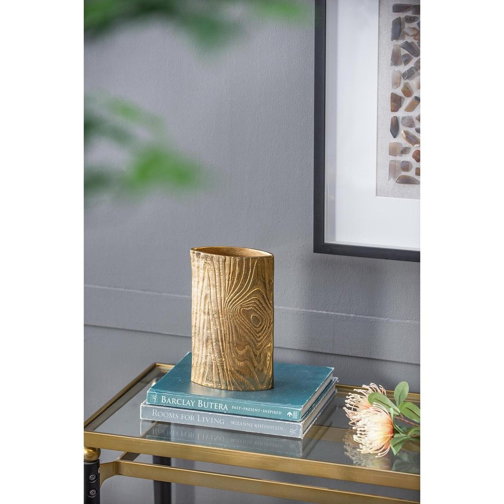 10" Gold Aluminum Oval Faux Wood Table Vase