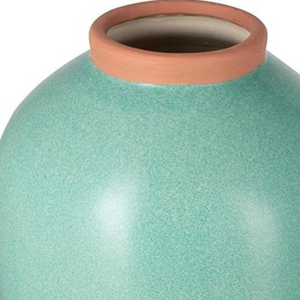 13" Aqua And Terra Cotta Ceramic Round Table Vase