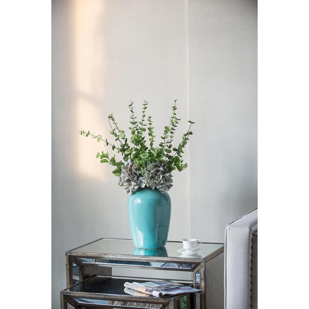 13" Aqua And Terra Cotta Ceramic Round Table Vase