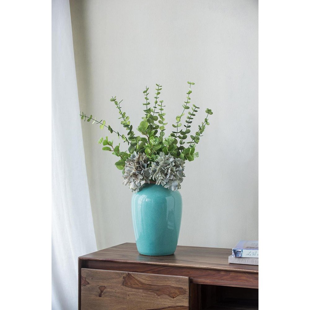 13" Aqua And Terra Cotta Ceramic Round Table Vase