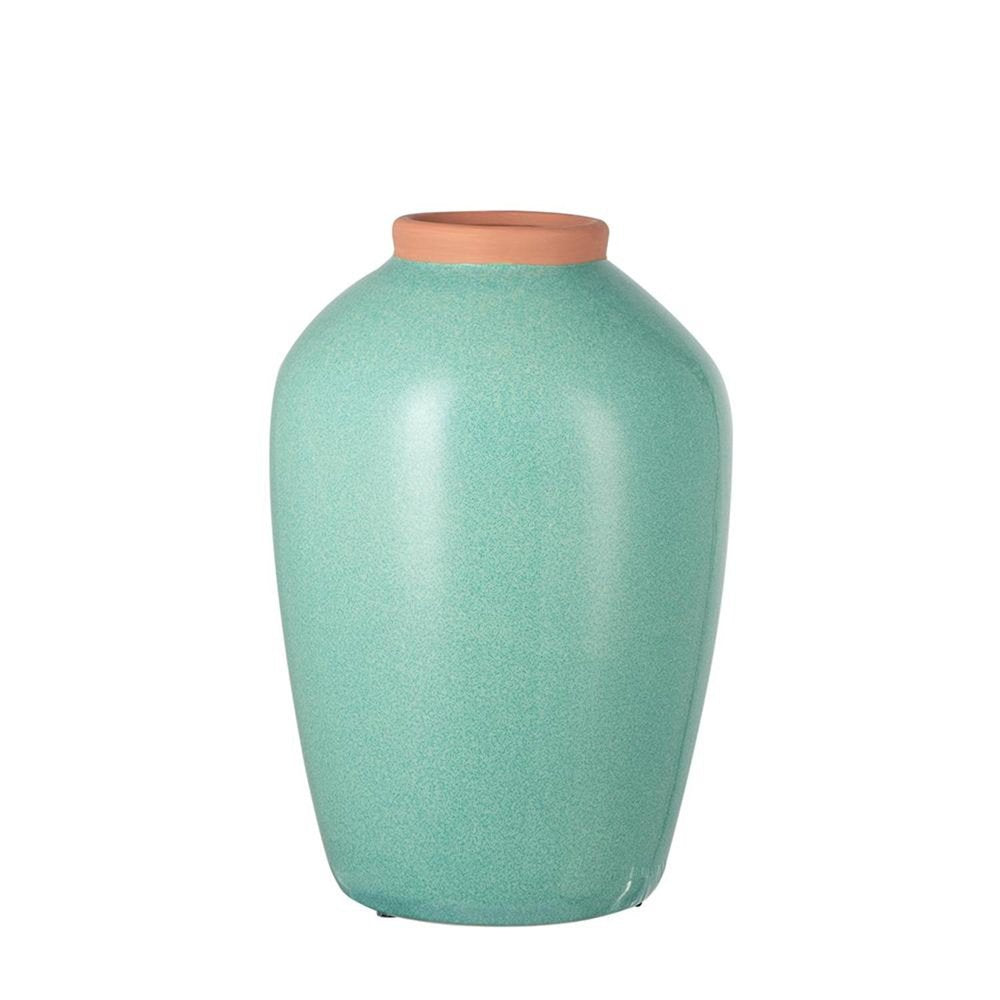 13" Aqua And Terra Cotta Ceramic Round Table Vase