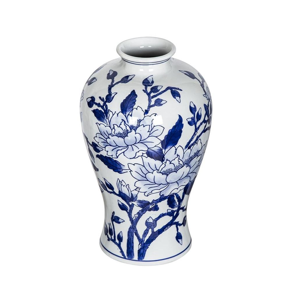 13" Blue And White Floral Chinoiserie Round Porcelain Table Vase