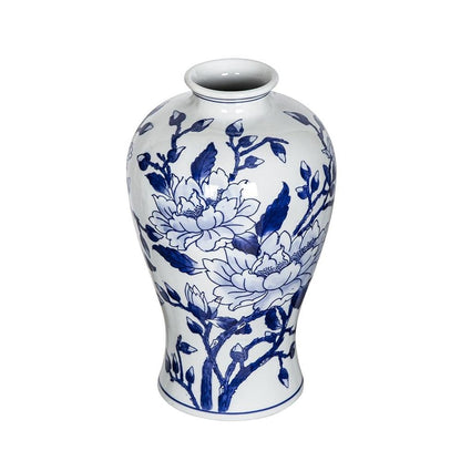 13" Blue And White Floral Chinoiserie Round Porcelain Table Vase