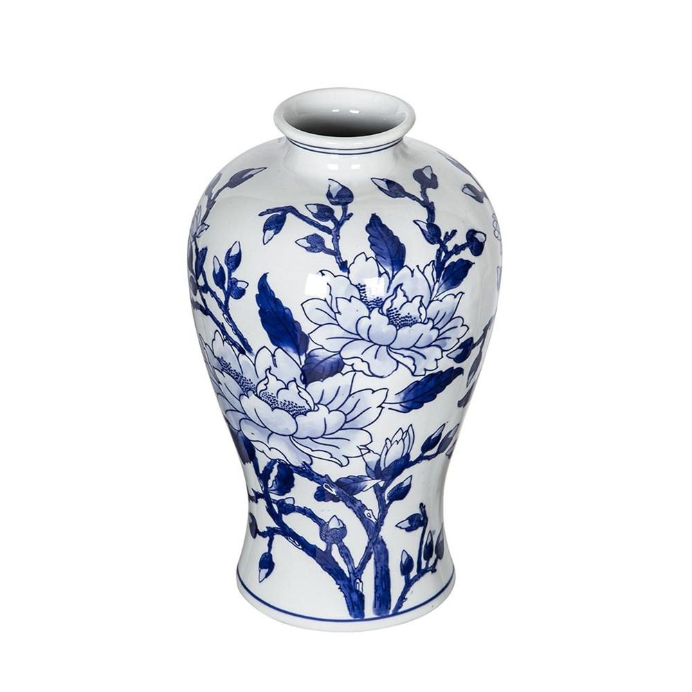 13" Blue And White Floral Chinoiserie Round Porcelain Table Vase