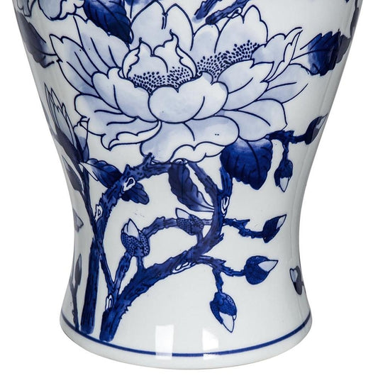 13" Blue And White Floral Chinoiserie Round Porcelain Table Vase