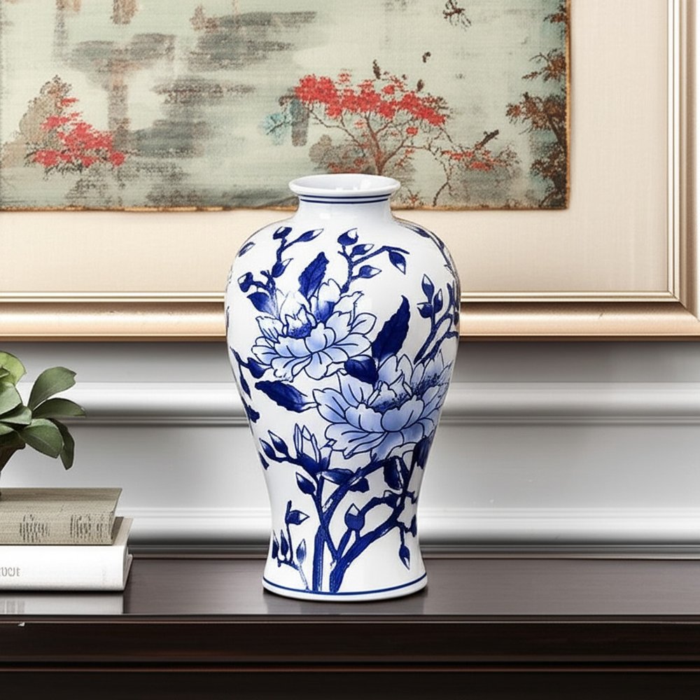 13" Blue And White Floral Chinoiserie Round Porcelain Table Vase