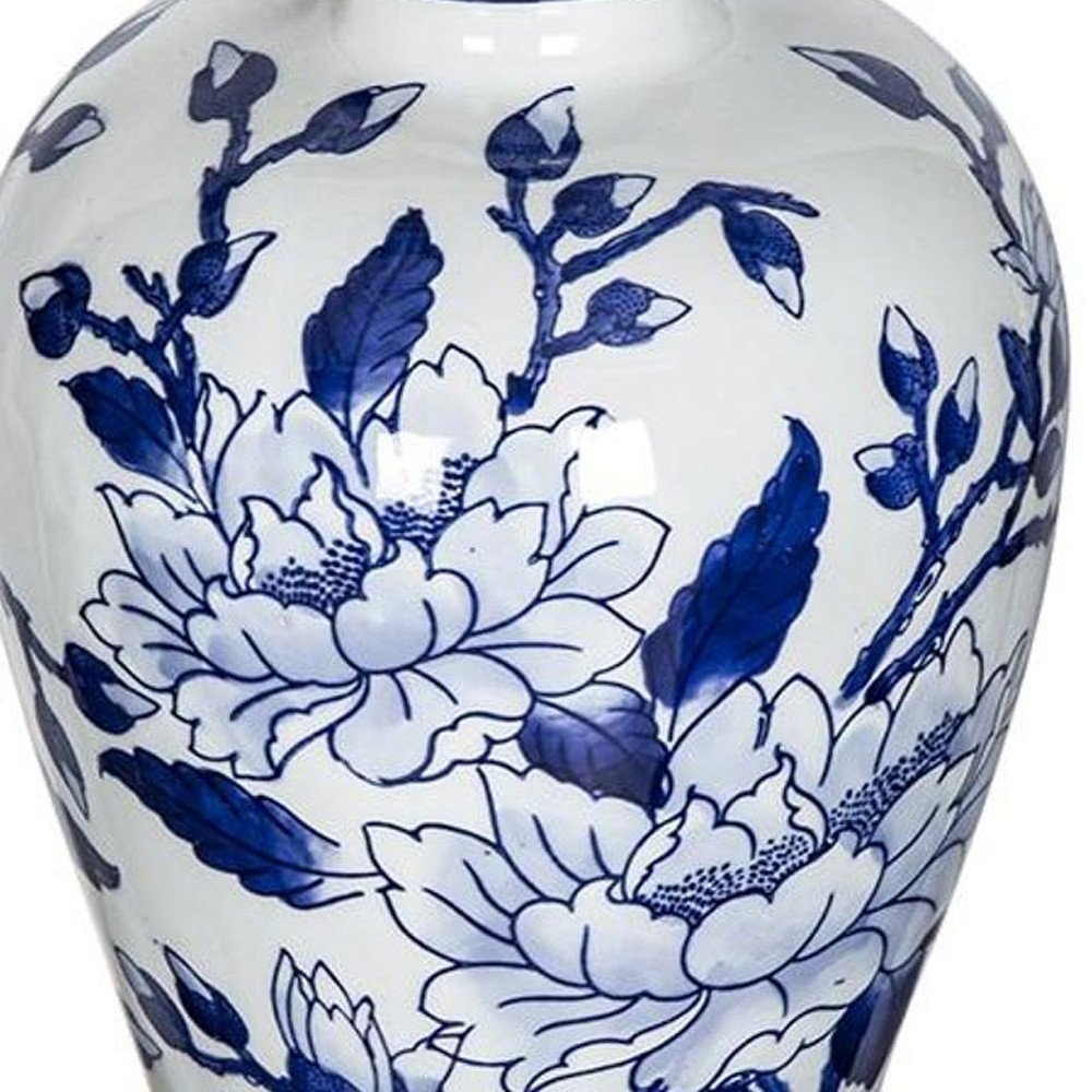 13" Blue And White Floral Chinoiserie Round Porcelain Table Vase