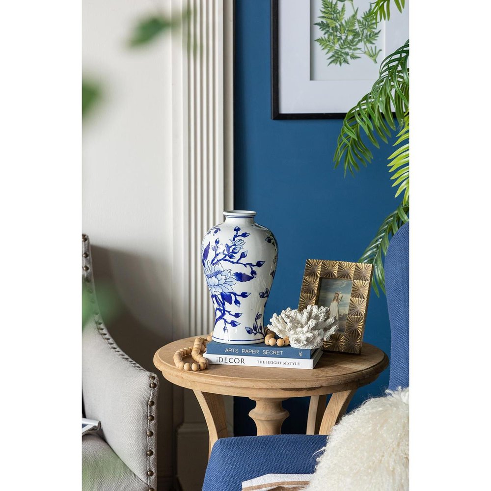 13" Blue And White Floral Chinoiserie Round Porcelain Table Vase