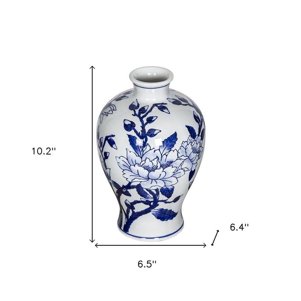 10" Blue And White Floral Round Porcelain Table Vase