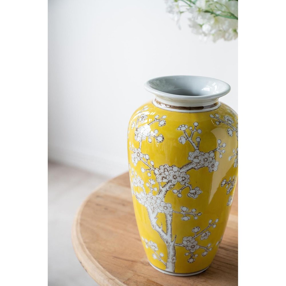 11" Yellow and White Porcelain Floral Round Table Vase