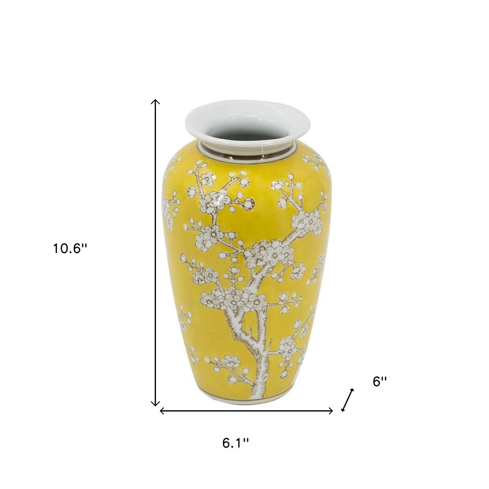 11" Yellow and White Porcelain Floral Round Table Vase