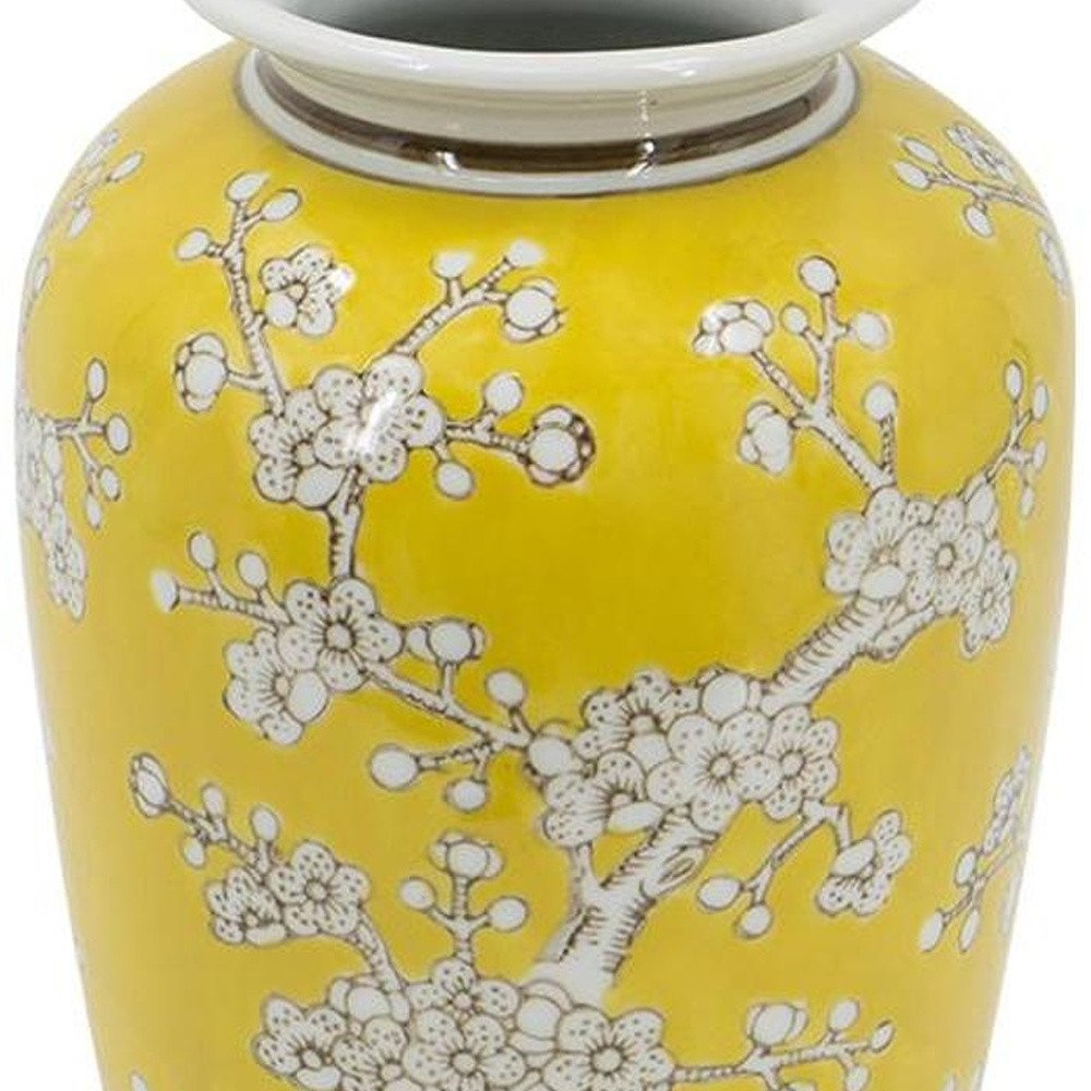11" Yellow and White Porcelain Floral Round Table Vase