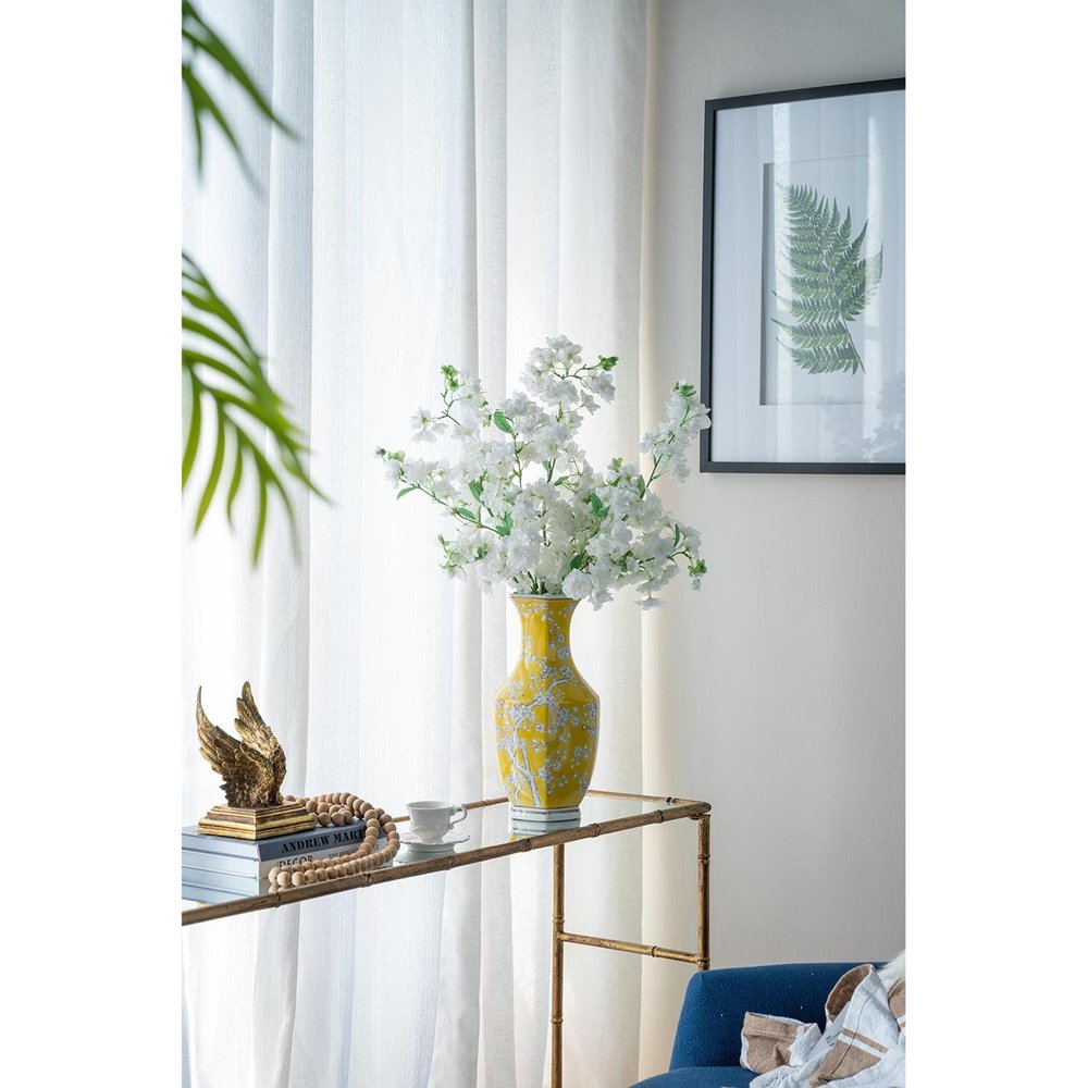 14" Yellow and White Porcelain Floral Round Table Vase