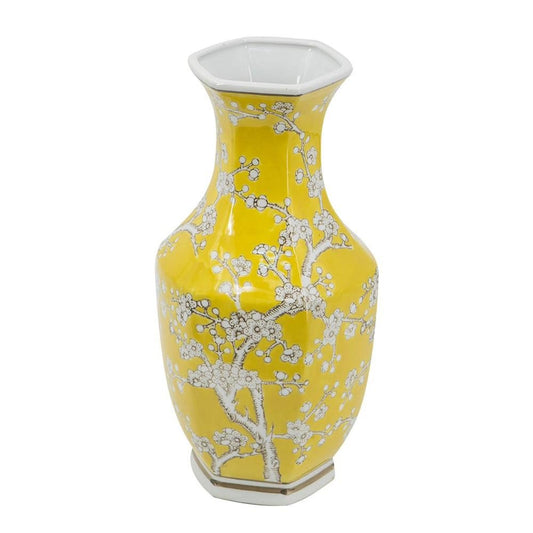14" Yellow And White Chinoiserie Floral Porcelain Table Vase